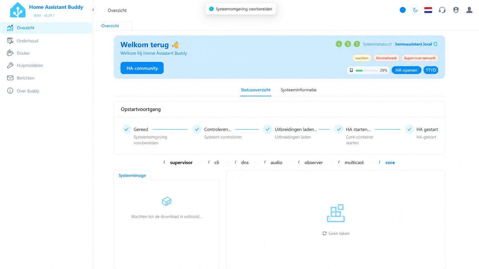 Nederlandstalige illustratie van Buddy met opstartfasen en systeemstatus